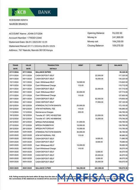 Downloadable Kenya KCB bank account statement word download for verification